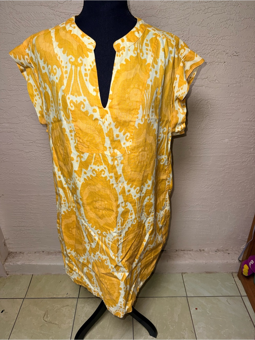 Uncle Frank 100% Linen Ikat Shift Dress L Yellow Resortwear Coastal Grandma Mini
